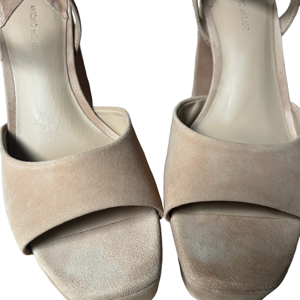 ANTONIO MELANI Bonny Suede Platform Block Heel Sandals Beige Size 10 - Picture 9 of 11